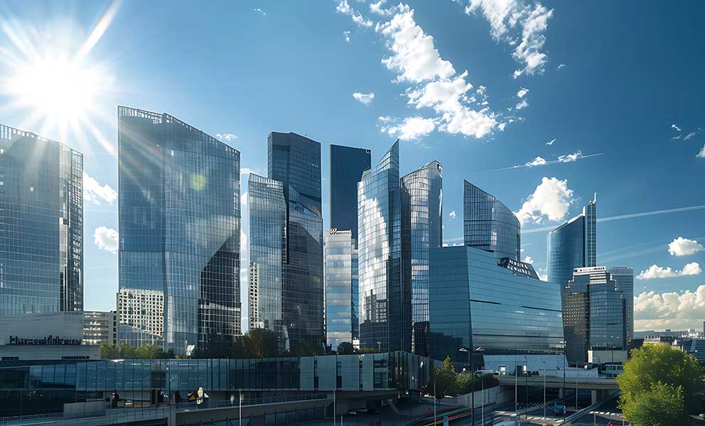 Generative AI : Modern buildings. Glass facade skyscrapers on a bright sunny day